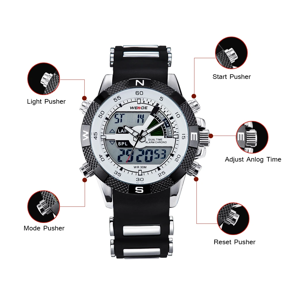 WEIDE мужские часы роскошные кварцевые спортивные цифровые водонепроницаемые