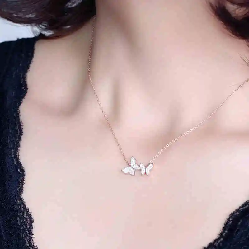 

YUN RUO 2020 New Arrival Rose Gold Color Fashion Crystal Butterfly Pendant Necklace Titanium Steel Jewelry Woman Gift Never Fade