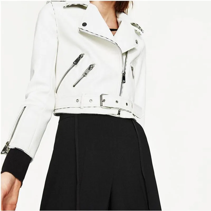 leather jacket Women Slim White Pink European New Fashion Multiple Zippers Belt Leather Coats Ladies PU Biker Woman jackets 2018 | Женская