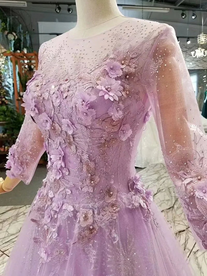 LS612470 светло фиолетовые девушки праздничные вечерние платья с цветами лепестков o
