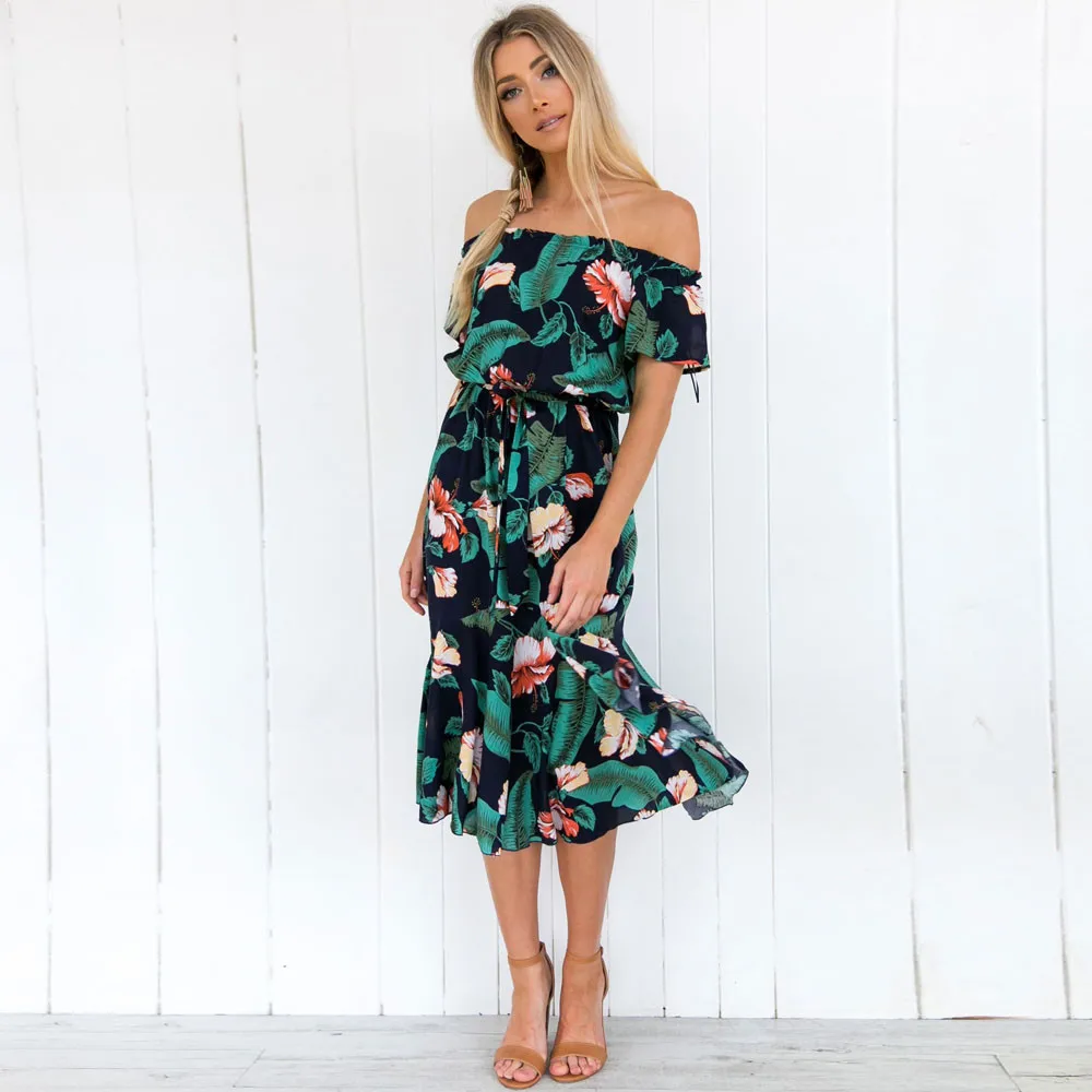 Женское пляжное платье с цветочным принтом Boho повседневное макси для вечеринки