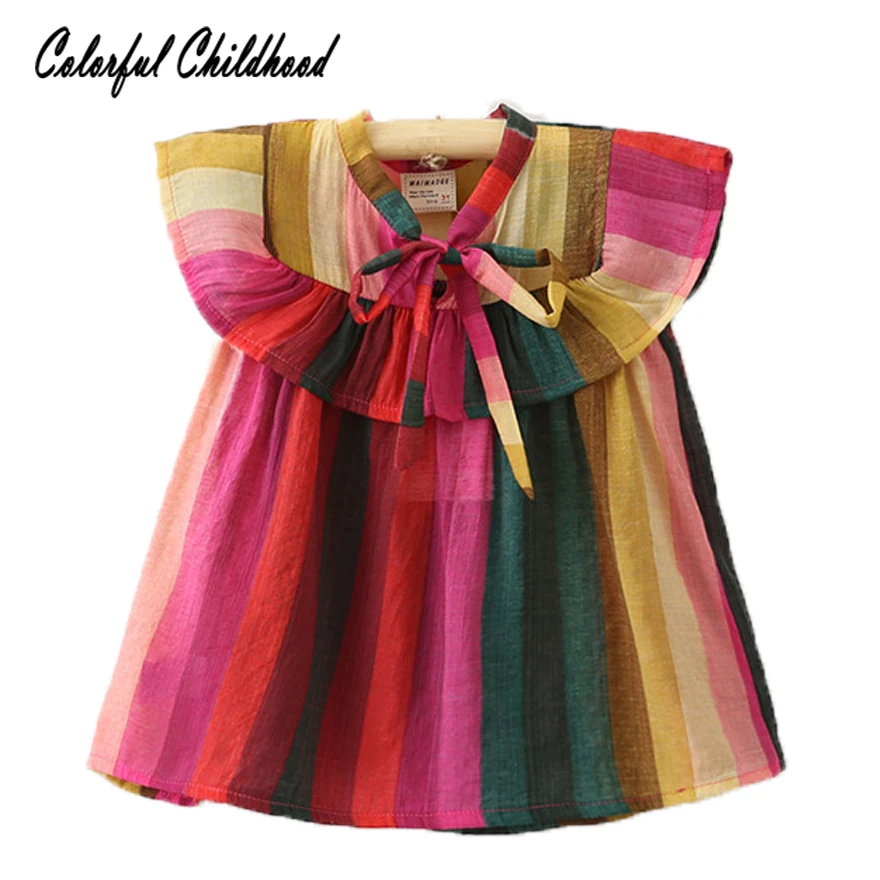 Vintage rainbow stripe shirt kids ruffles sleeve blouse summer casual tops children girls clothing 2-8Yrs | Мать и ребенок