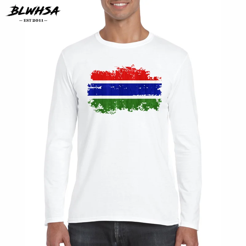 

BLWHSA Men T-Shirts Long Sleeve O Neck T Shirt For Men Gambia National Flag Nostalgic Style Tee Male Tshirts Fitness Top Tees