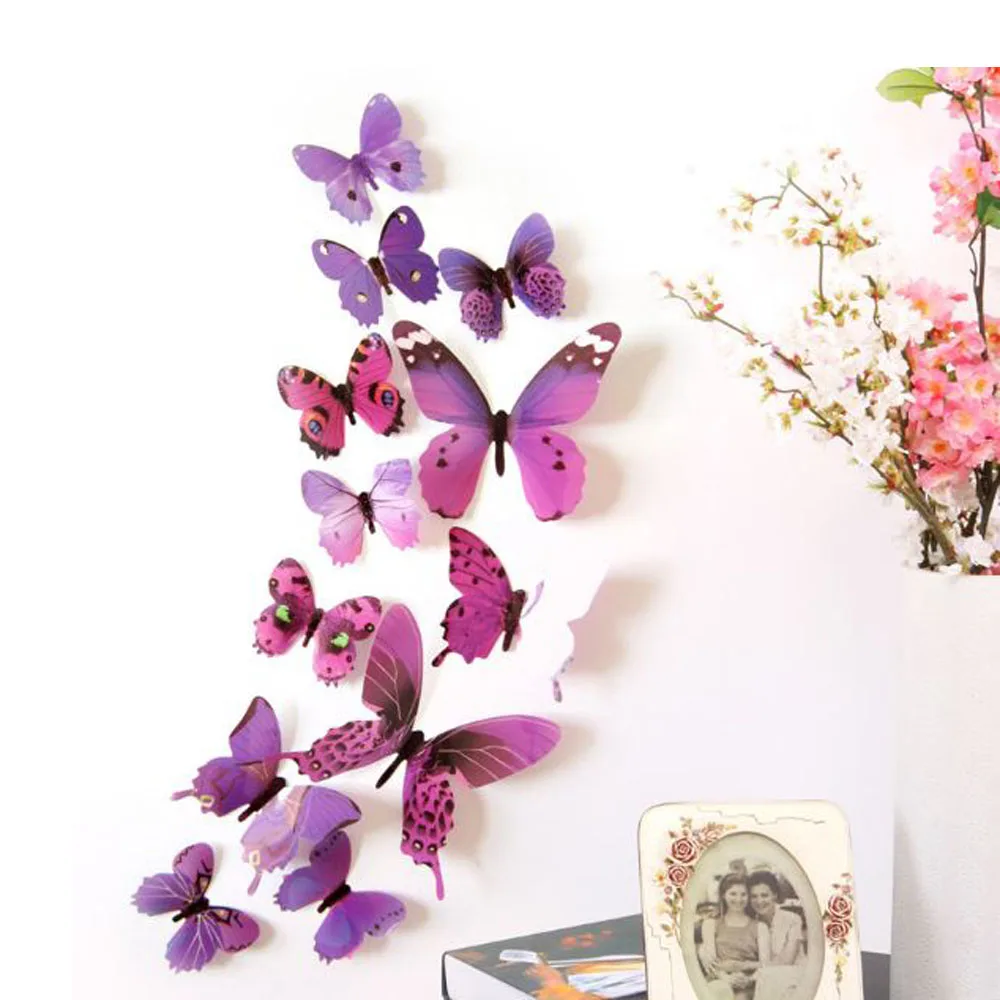 12 шт./лот ПВХ бабочки наклейки 3D стены Home Decor плакат Дети номера отделка стен для