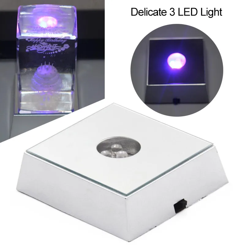 3 LEDs Luminous Base Light Crystal Glass Transparent Objects Display Colorful Square Figurine Stand | Лампы и освещение