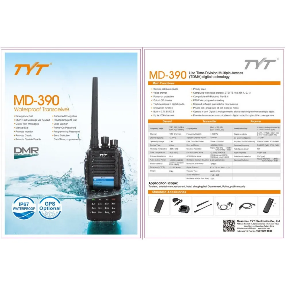 

2 шт. DHL Бесплатная доставка TYT MD-390 UHF 400-480 МГц DMR цифровой двухстороннее радио иди и болтай Walkie Talkie “иди и 1000CH 2800 мА/ч, IP67 Водонепроницаемый MD390