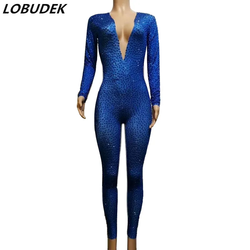 

V-neck Full Rhinestones Blue Tight Jumpsuit Sexy Women Singer Nightclub DJ DS Costume Party Performance Leggings Stage Leotard
