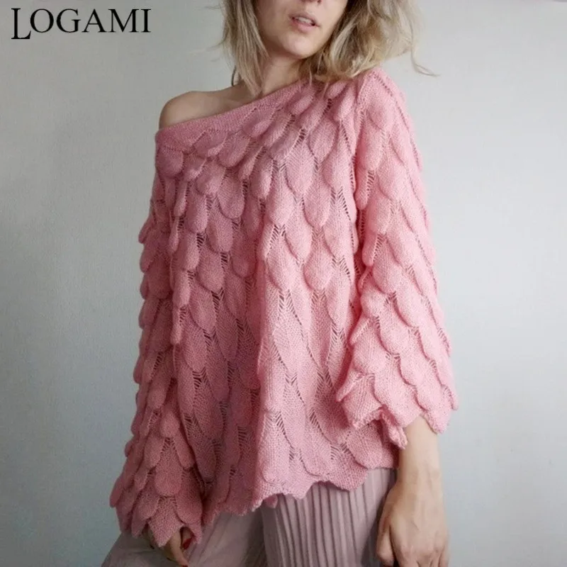 LOGAMI Flare Sleeve Feather Knit Sweater Women Loose Casual Thin Pullover And Spring Autumn Perspective Women's Top | Женская одежда
