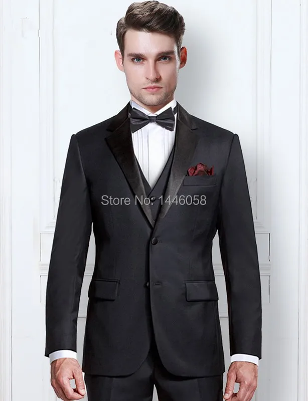 

Custom Suit Slim Fit Groomsman Formal Wedding Tuxedos Peak Lapel Black Men Wedding Dress Groom Suits Jacket+Pant+Vest+Bow