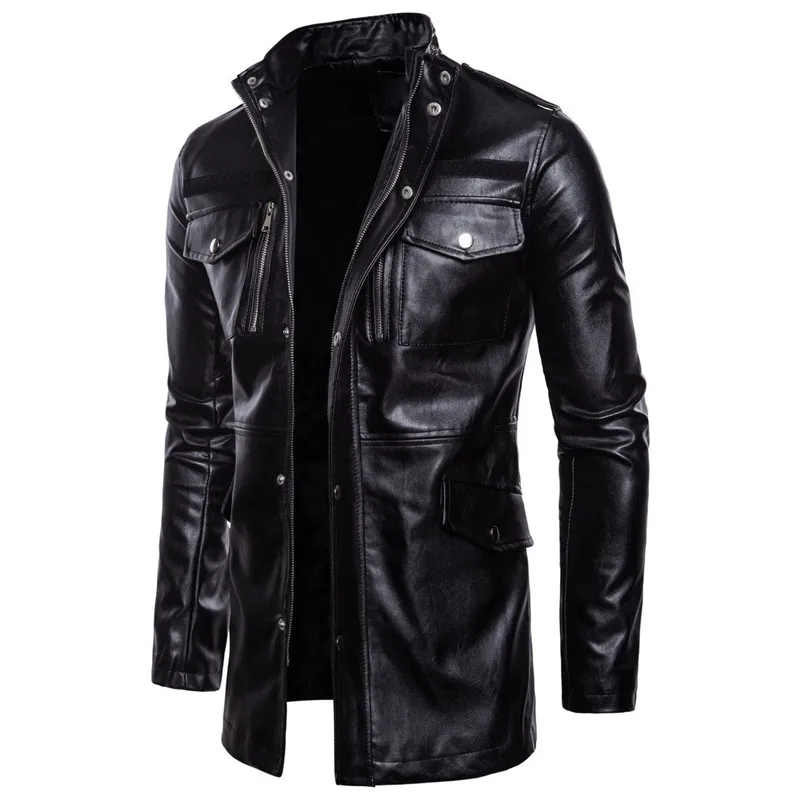 

2019 autumn Men's New Long section More zipper Leather Men's Fashion Stand collar Four pockets Locomotive Black Leather jacket