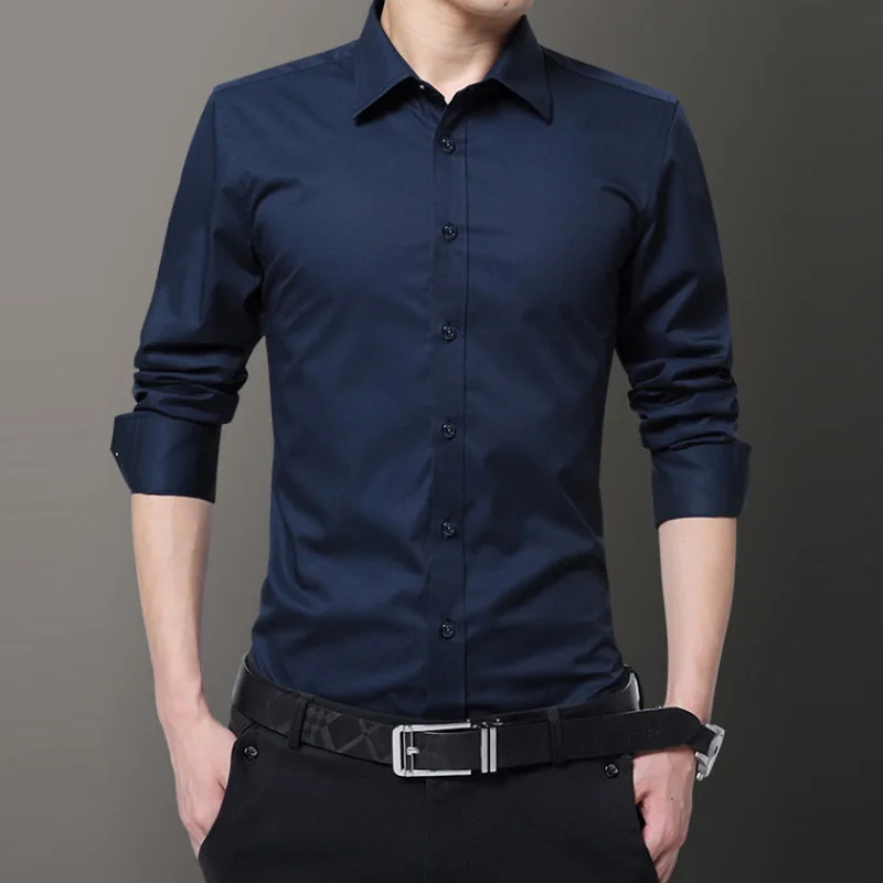 2019 New Autumn Work Men's Lapel Shirt Casual Business Washed Slim Fit Long Sleeve Shirts Cotton Dress |
