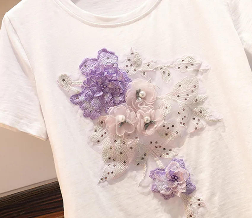 Женский костюм футболка и джинсы большого размера с 3D цветочной вышивкой