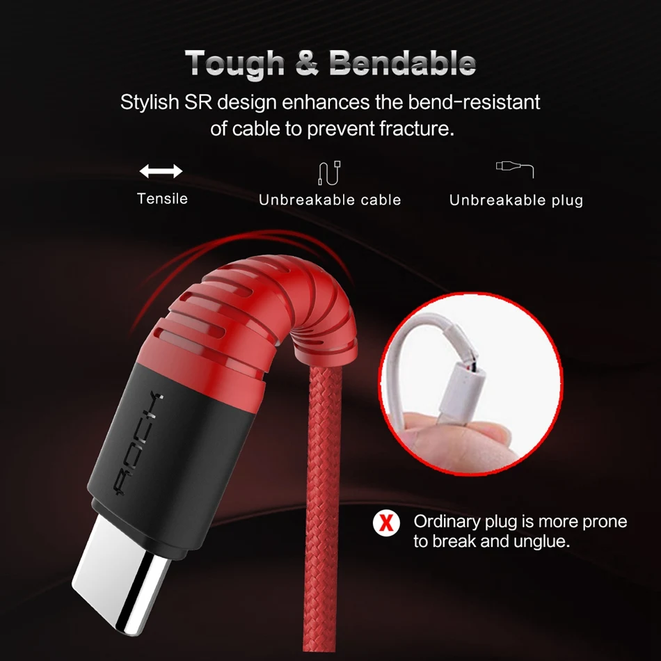 ROCK высокопрочный usb type-C кабель 3A usb type-c кабель для быстрой зарядки и синхронизации данных для Galaxy S8 plus Note 8 Oneplus 2 Xiaomi