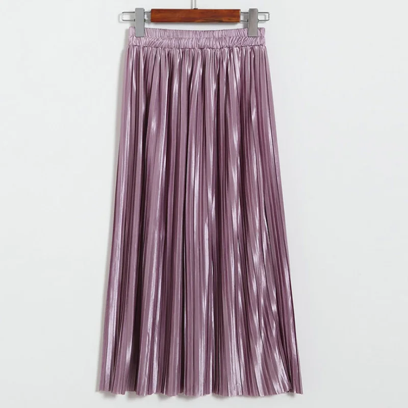 Aonibeier Women Pleated Skirt Long Skirt Elastic High Waist Midi Skirt Autumn Sexy Fashion Female Vintage Metallic Skirts Womens - Цвет: Lilac