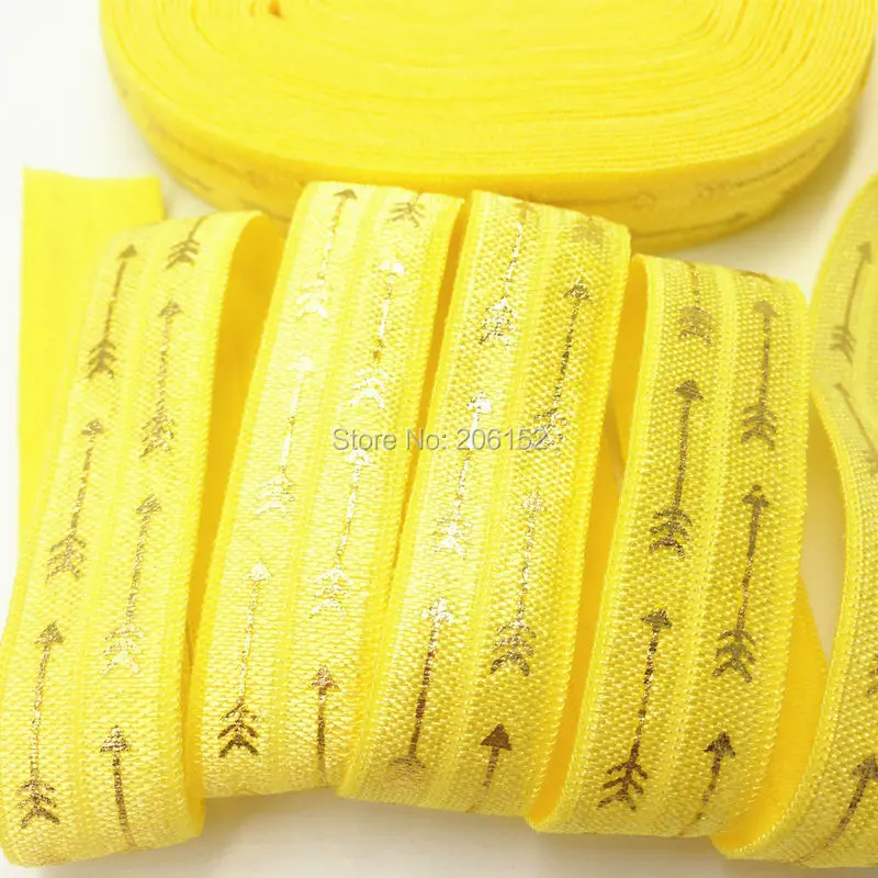 

10Y/lot High Quality Gold Foil Arrow Print FOE 5/8" Yellow Arrows Fold Over Elastic Ribbon for DIY Headwear Hair Accessories