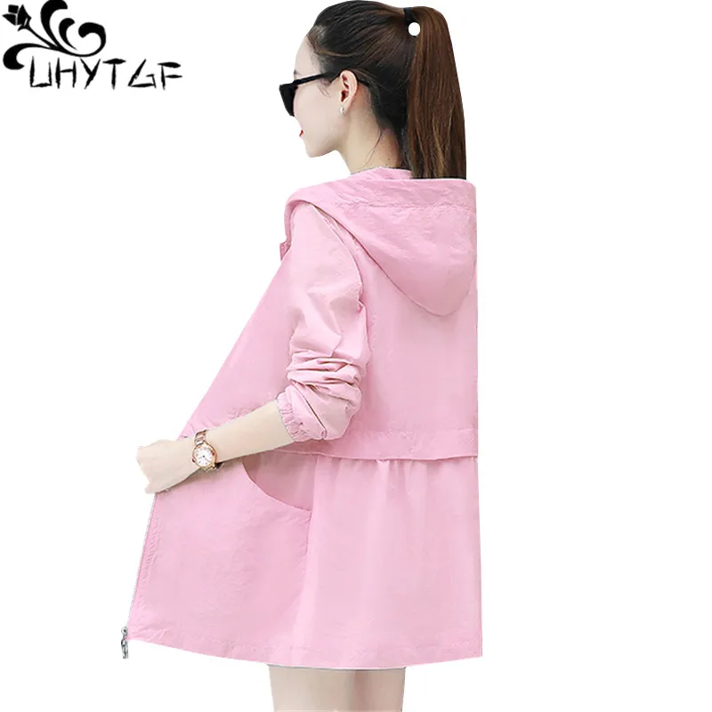 

UHYTGF Summer Top Sun Protection Clothing Hooded Thin Coat Women Long Sleeve Outdoor Breathable 4XL Loose Size Jacket Jaqueta595