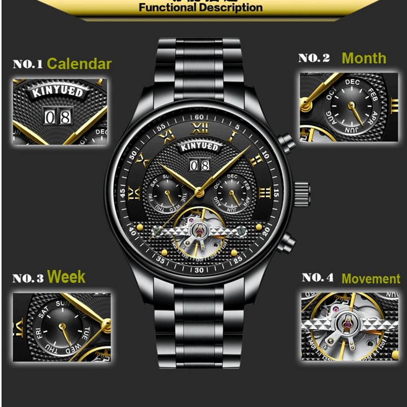 KINYUED Band элегантные черные мужские часы Tourbillon механические наручные из