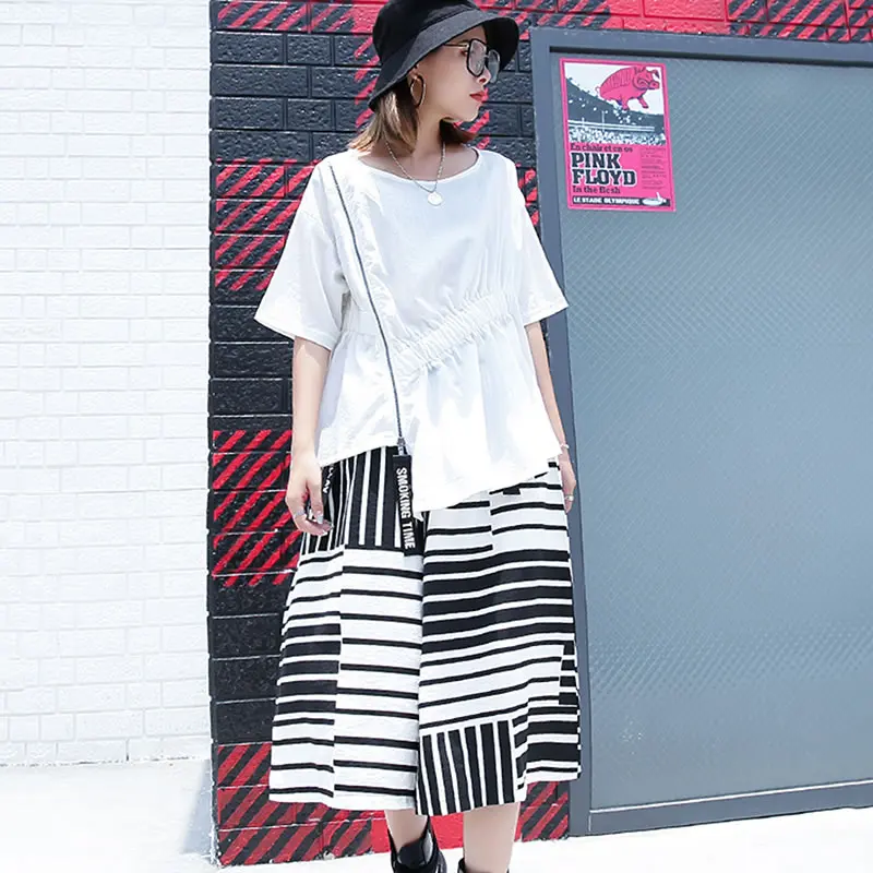 [XITAO] Spring Summer 2019 Women New Arrival Casual Loose Fashion Patchwork Print Striped Calf-length Wide Leg Pants XJ1017 | Женская