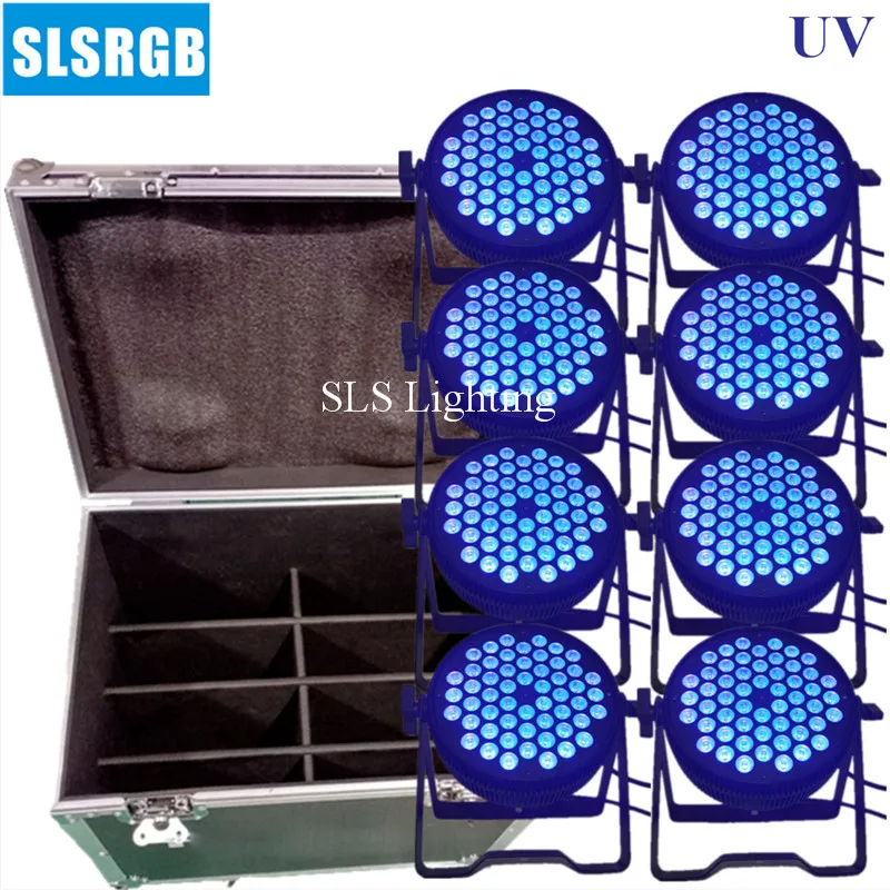 

8 шт./лот & flightcase новый тонкий плоский par Stage Par King 54 шт. 3 Вт УФ светодиодный светильник par 64 54x3 Вт Одноцветный УФ светодиодный светильник Par 64