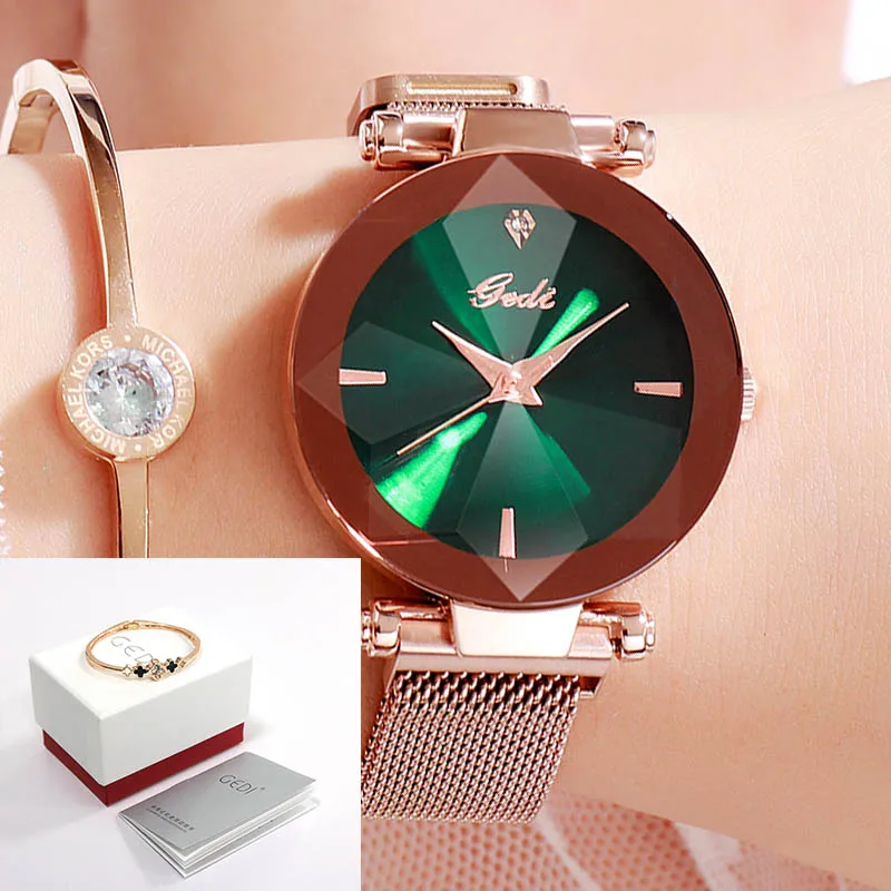 Rosegold green box GEDI Магнитный сетчатый ремень женские наручные часы Элегантные кварцевые женские часы модные водонепроницаемые часы женские новые брендовые reloj mujer - Цвет: Rosegold green box