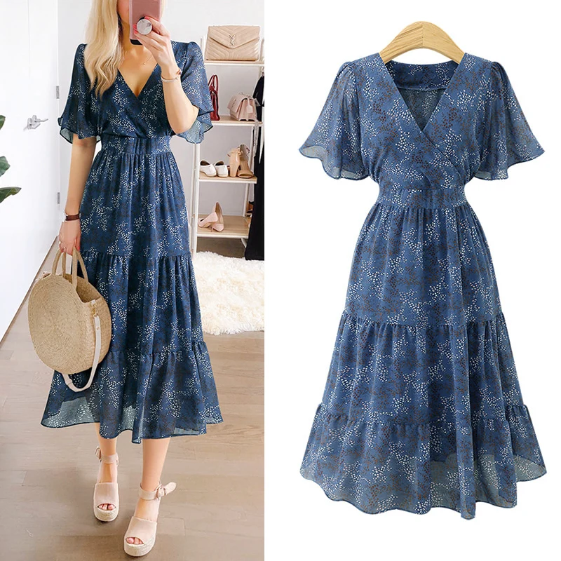 Летнее Модное шифоновое платье с v-образным вырезом и принтом | Женская одежда