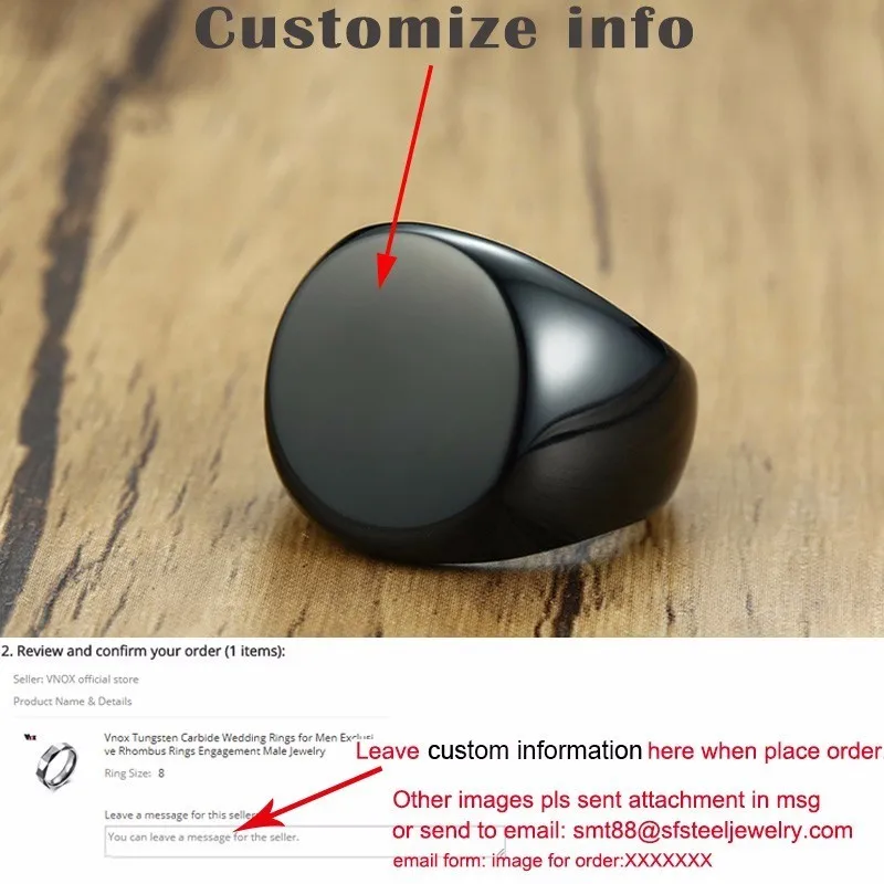 Custom Black Vnox 20 мм массивное персонализированное круглое кольцо-печатка с Круглым Верхом для мужчин глянцевое тяжелое кольцо из нержавеющей стали с штампом в стиле панк для мальчиков на заказ - Цвет основного камня: Custom Black