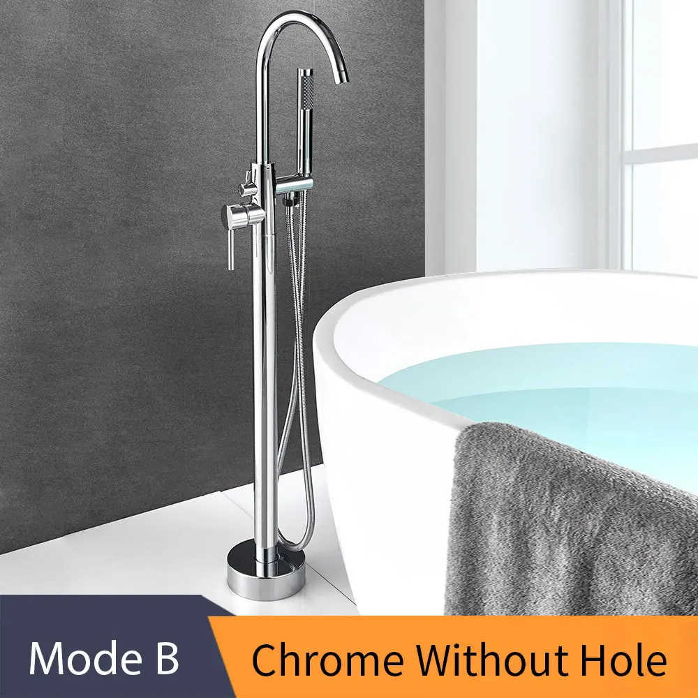B-Chrome No Hole Кран для ванны, латунный золотой напольный кран для ванной, поворотный носик, одна ручка, наполнитель для ванной, ручной душ, опрыскиватель, смеситель, 6021K - Цвет: B-Chrome No Hole