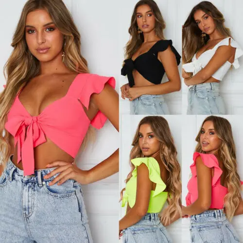 

Fashion Women's V-neck Bandage Solid Ruffles Sleeveless Backless Short Tank Tops Ladies Summer Sexy Club Party Vest Tops S-XXL