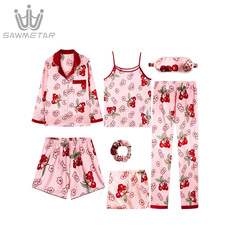 Women Pajamas Sets Silk Pijama 7 Pieces Sets Pyjamas Women Long Sleeve Striped Sleepwear Spring Summer Autumn Homewear