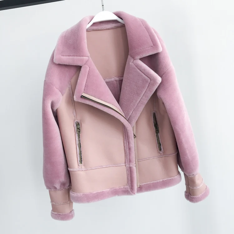 OFTBUY пальто с натуральным мехом, зимняя куртка для женщин, Байкерская верхняя одежда, настоящая стрижка овечьей шерсти, меховая подкладка, искусственная кожа, повседневная одежда