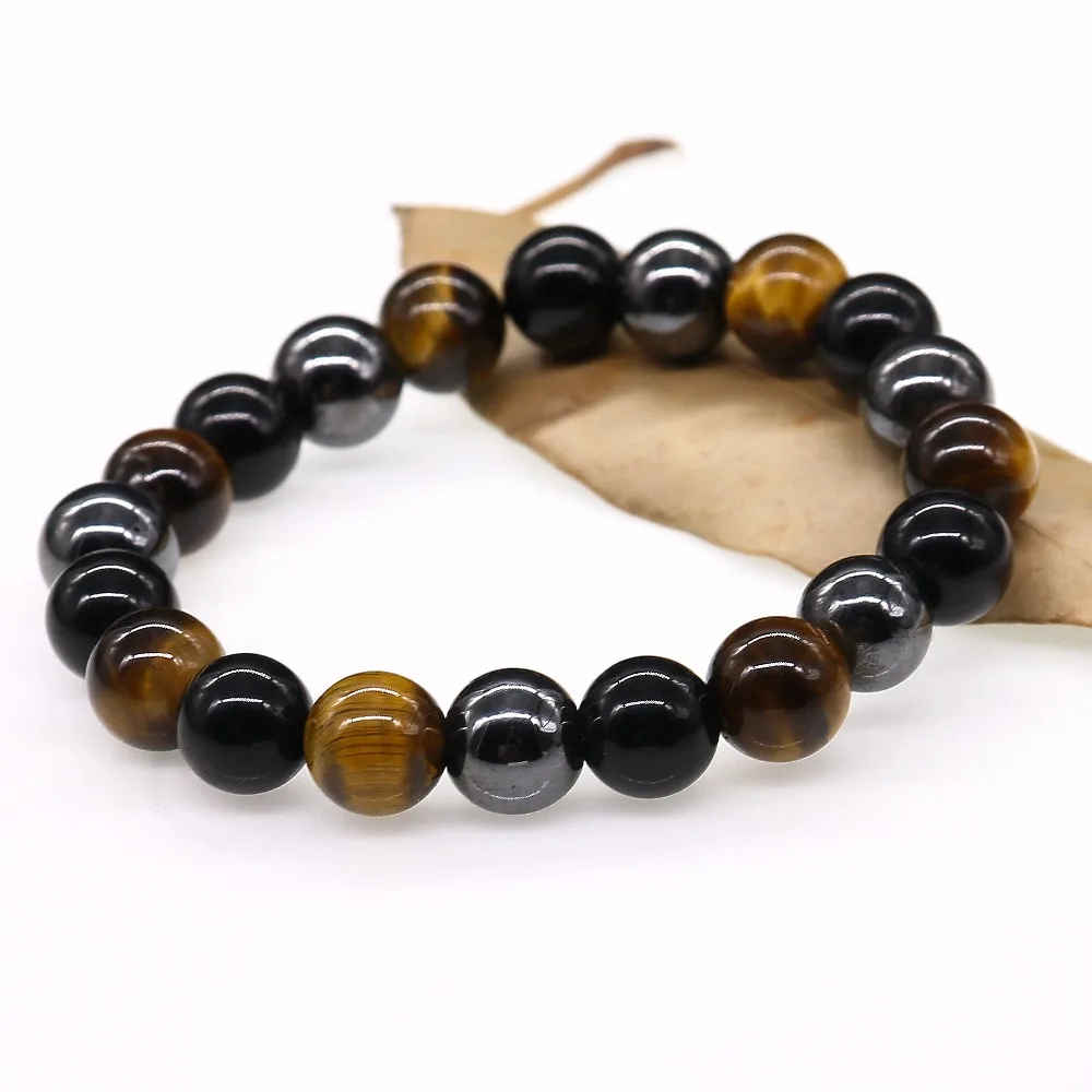 Браслет мужской из натурального тигрового глаза гематита и черного оникса 10