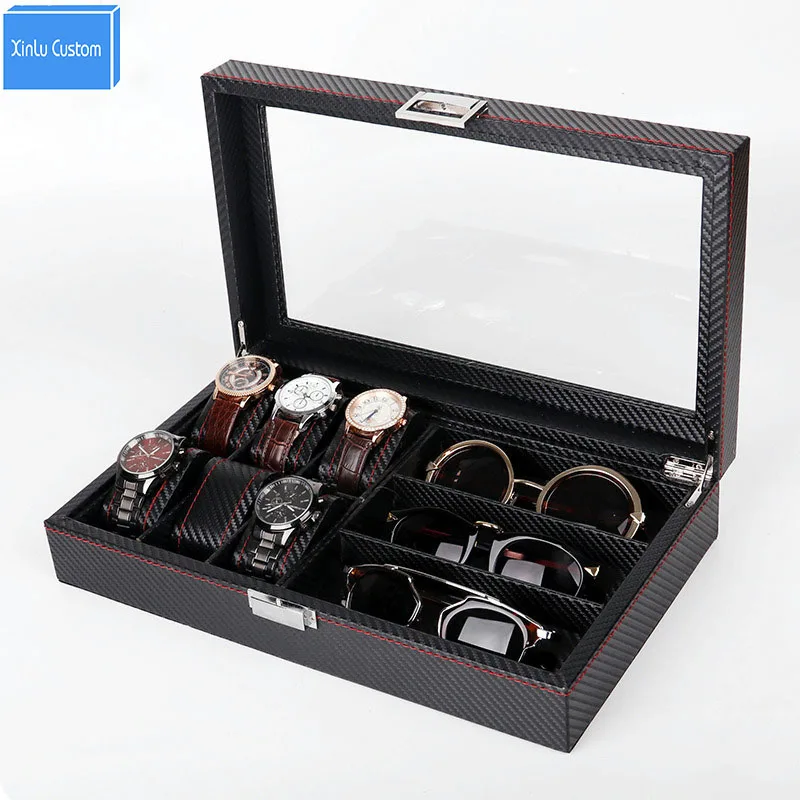 

6 Black Leather Red Sew Watch Box Jewelry Case+ 3 Eyeglasses Storage and Sunglass Glasses Window Display Case Organizer Workshop