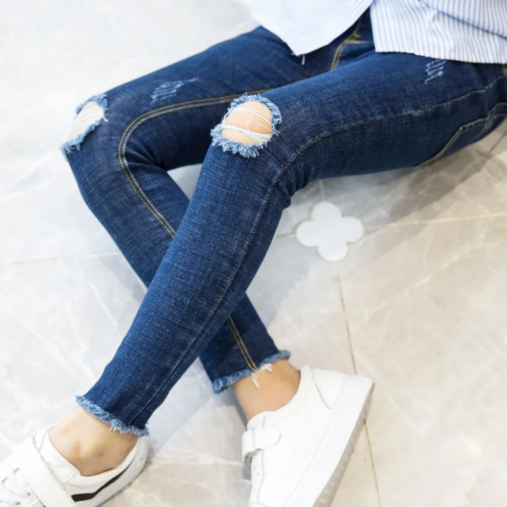 Джинсы для девочек-подростков черные рваные узкие брюки маленьких девочек