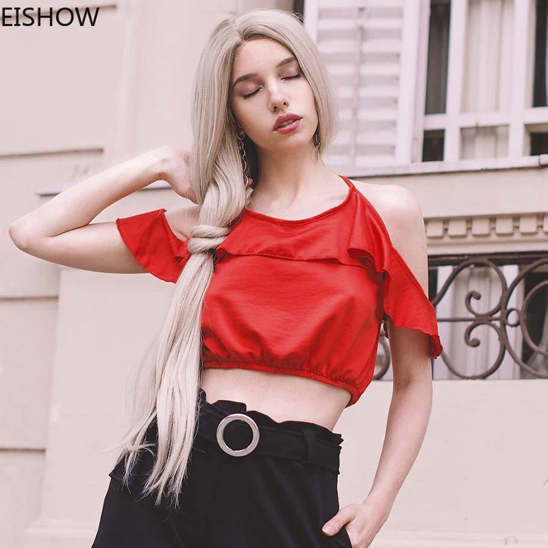 EISHOW Сексуальная элегантная Красная футболка с оборками на рукавах женские топы