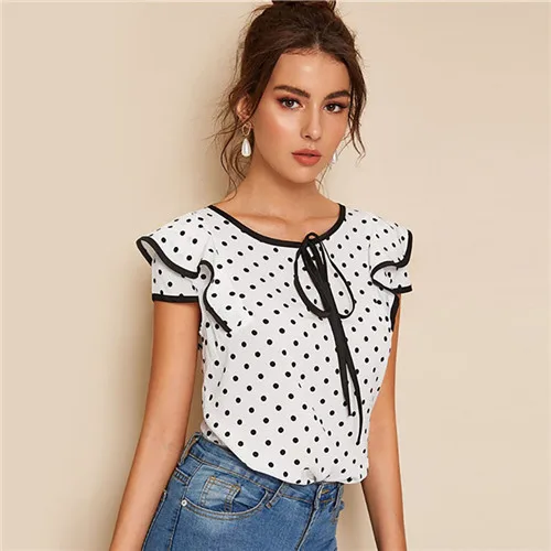Белый Dotfashion, белая блузка в горошек с узлом, окантовка, женская блузка, лето, Опрятный дизайн, рукав-крылышко, одежда для девушек, молодых, корейский стиль, модные топы - Цвет: Белый
