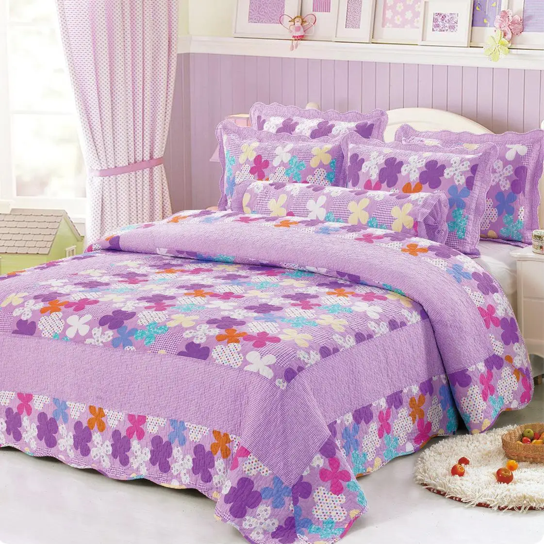 3Pcs 100%Cotton Soft Pink Violet Flowers Bedspread Queen Size, All Season Bedspread with Colorful Plaid Pillow shams Queen size - Цвет: Color 8