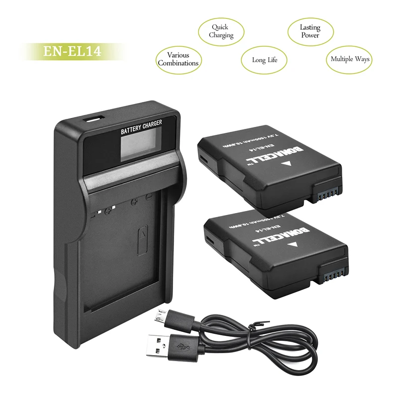 Bonacell EN-EL14 EN EL14 для Nikon 1500mah аккумулятор + ЖК-Зарядное устройство USB D3100 D3200 D3300 D5100 D5200