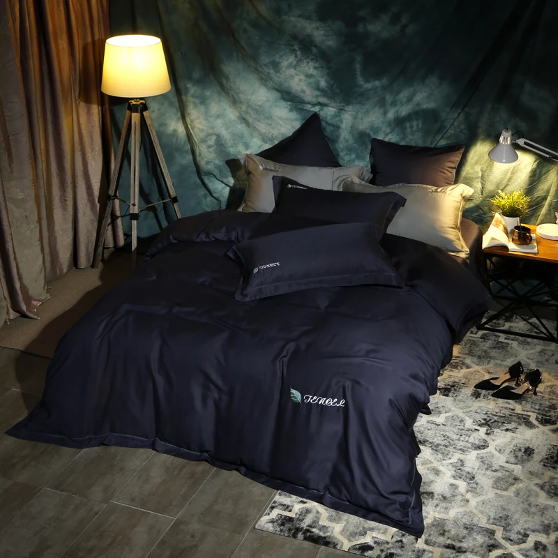 Black color Leaf embroidery Bedding Set Luxury tencel Soft Queen King size sets Bed Sheet Duvet Cover set | Дом и сад