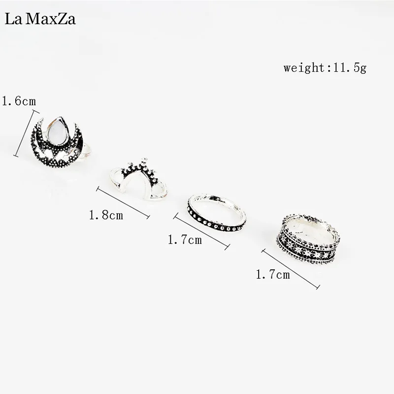 

Carved Black Silver Star Moon Crown Ring Set Personality Retro Bohemian Vintage Punk Rings For Women Jewelry Gift 4 Pcs/Set