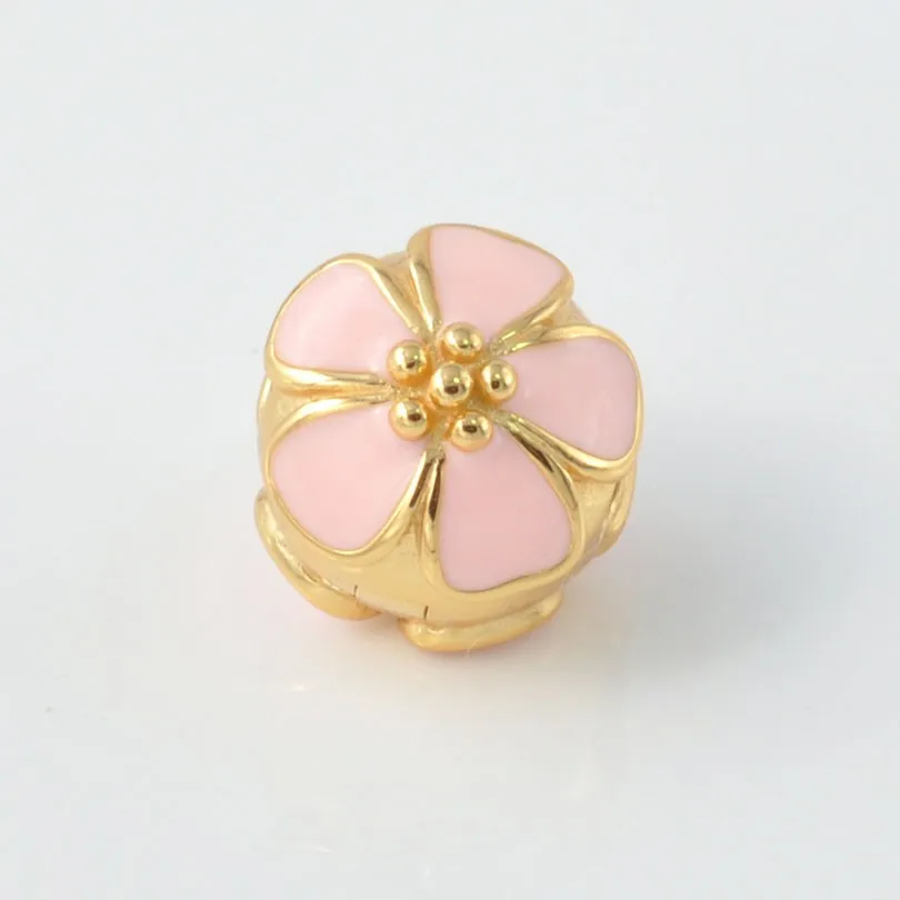 925 Sterling Silver Gold Plated Pink Cherry Blossom Clip Charm Beads Fits Original European Bracelets DIY Jewelry For Women | Украшения и