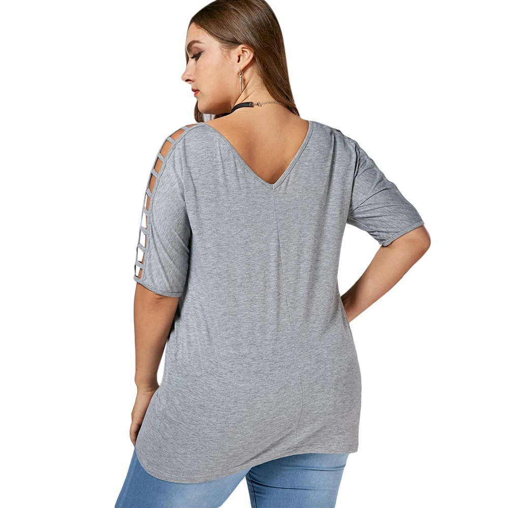 2018 5XL Cut Out V шеи плюс Размеры туника Топ Футболка Для женщин топы Повседневное