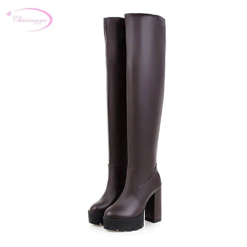 

Chainingyee party comfortable round toe over knee high boots slip white black platform thick high heel women's riding boots