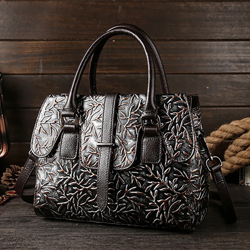 Женская сумка из 100% натуральной воловьей кожи винтажная женская тоут с цветочным