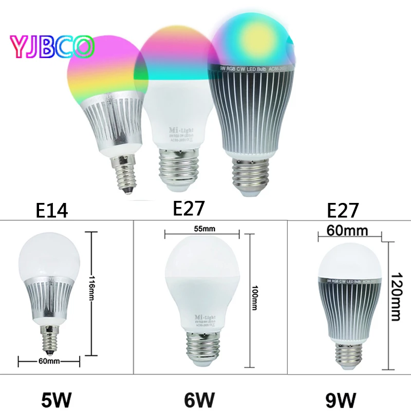 Полноцветная светодиодная лампа RGB + CCT с регулируемой яркостью 2 4G 5W 6W 9W Milight E14 E27