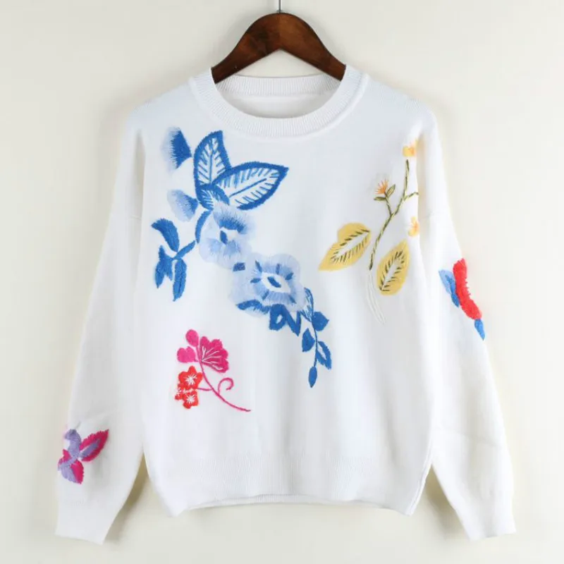 2019 Winter Women Sweaters Pullovers Floral Emboridery Colorful Pattern O-neck Knitted Elegant Casual Warm Knitwear | Женская одежда
