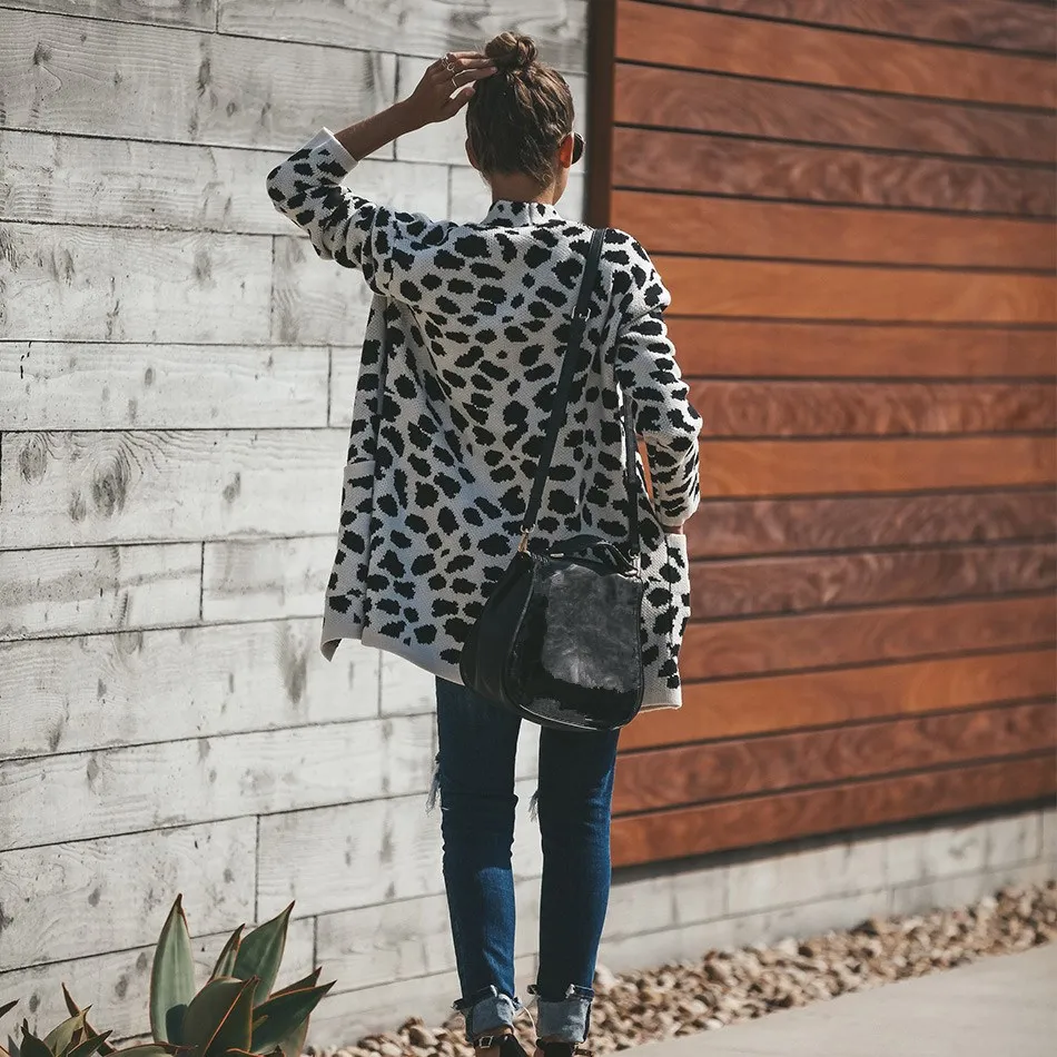 2018 Autumn Winter Women Long Open Stitch Knitted Cardigan Outwear Sleeve Leopard Print Sweater |