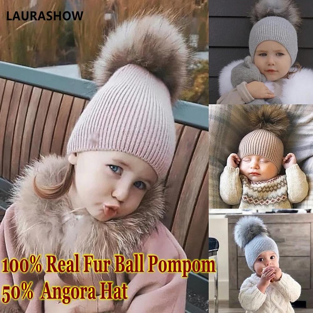 LAURASHOW 2019 sonbahar kış bebek bere 15-16cm gerçek kürk ponponlar sıcak uyku yün şapka çocuk giyim aksesuarları şapka