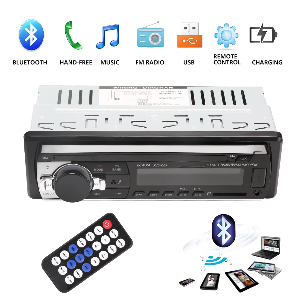 Авторадио JSD520 стерео плеер цифровой Bluetooth MP3 60Wx4 FM аудио с входом AUX в тире |
