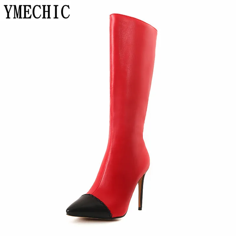 YMECHIC 2018 Модные Остроносые туфли на шпильке зимние до середины икры красные белые