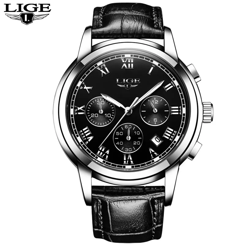 leather silver black LIGE Relogio Masculino мужские часы Роскошные Известный Топ бренд мужские модные повседневные кожаные нарядные часы военные кварцевые наручные часы - Цвет: leather silver black